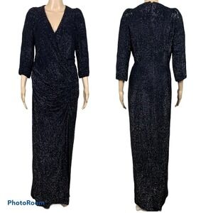 Basix Black Label Silk Size 10 Black Drape Ruched Sequin V-neck Formal Dress